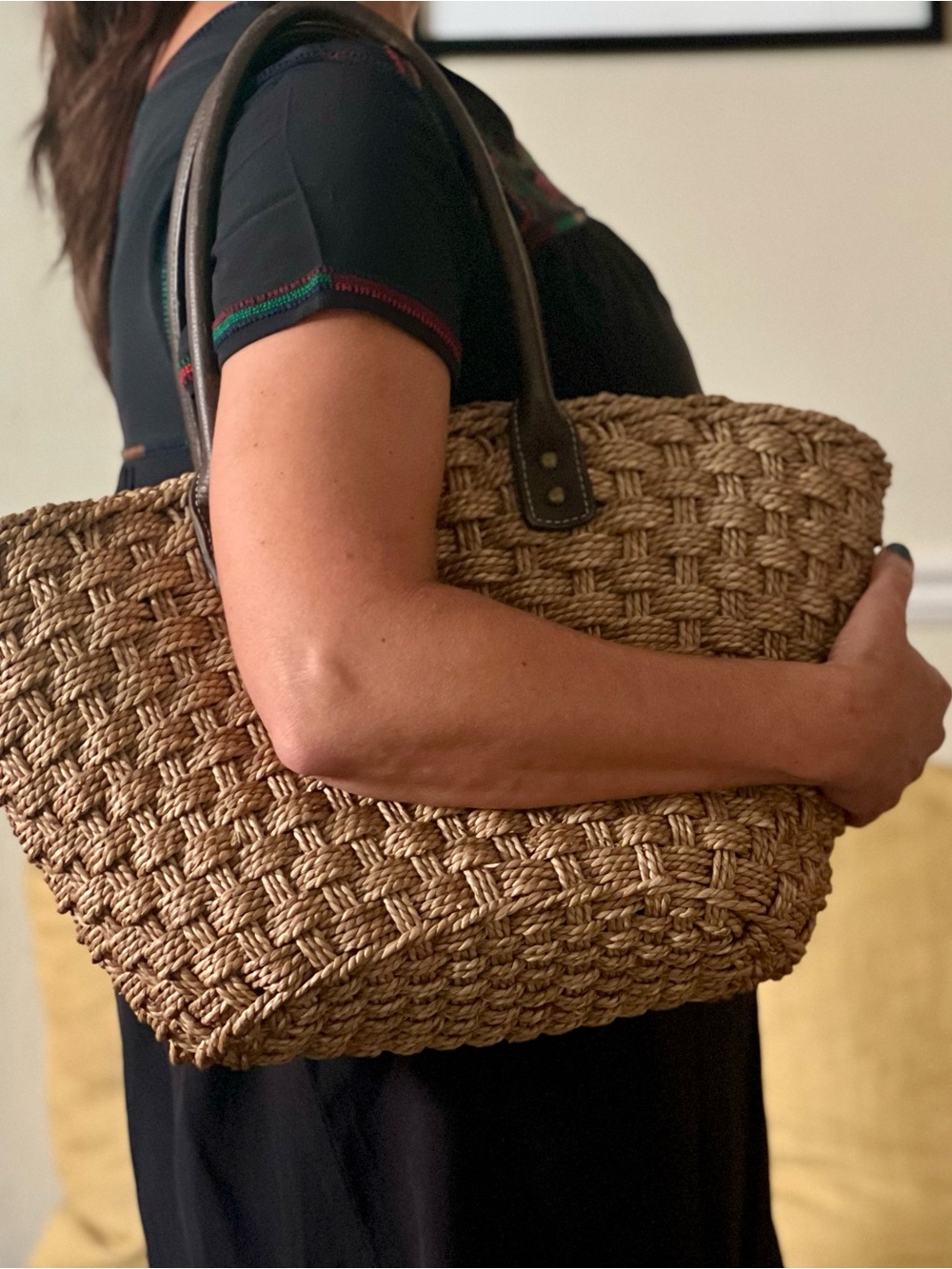 J. Crew Woven Straw Tote with Dark Brown Handles - Picture 3 of 7